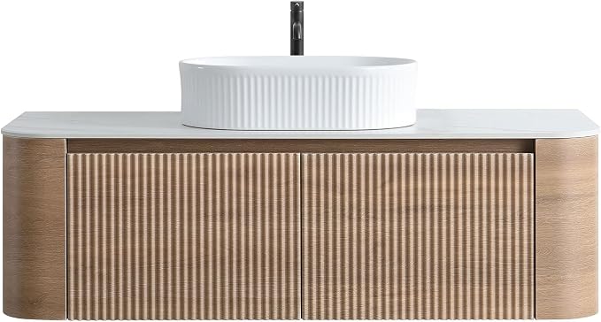 48" Preassembled Floating Bathroom Vanity with White Sink, Oak | Mid-Century Modern Style, Fluted & Soft-Close Drawer with U-shaped Wall, Sinterted Stone Countertop, Towel Rack Included