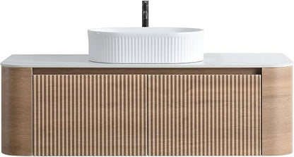 48" Preassembled Floating Bathroom Vanity with White Sink, Oak | Mid-Century Modern Style, Fluted & Soft-Close Drawer with U-shaped Wall, Sinterted Stone Countertop, Towel Rack Included