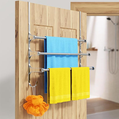 CANYAVE Over The Door Towel Rack, Extendable Triple Towel Storage Holder with Hooks, 24.02 Inches Towel Bar Hanger Towel Racks for Bathroom (Silver)