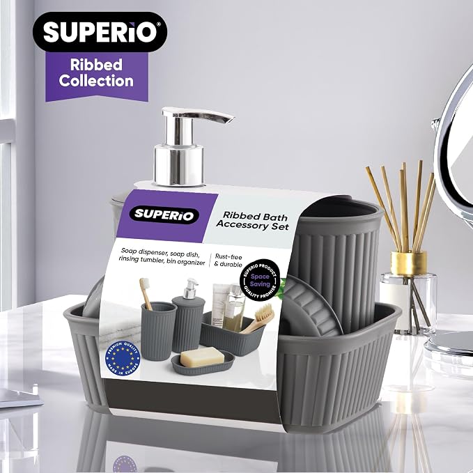 Superio Ribbed Collection - Decorative Plastic Bathroom Accessories Set, Grey (Set of 4) Soap Dish Liquid Dispenser, Toothbrush Holder Cup, Vanity Organizer Tray - Bath Accessory Countertop Decor Gift