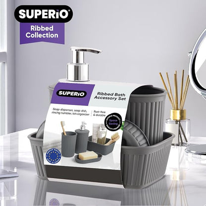 Superio Ribbed Collection - Decorative Plastic Bathroom Accessories Set, Grey (Set of 4) Soap Dish Liquid Dispenser, Toothbrush Holder Cup, Vanity Organizer Tray - Bath Accessory Countertop Decor Gift