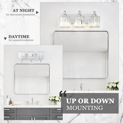 3-Light Modern Bathroom Light Fixture Chrome Vanity Lights Over Mirror Wall Sconce Lighting with K9 Crystal Shades Bathroom Wall Lamp E26 Base for Bedroom, Living Room, Hallway, Cabinet
