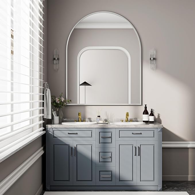 BEAUTYPEAK 36"x48" Arch Bathroom Wall Mirror, Silver | Wall Mounted Vanity Metal Frame Mirror for Bedroom, Entryway, Living Room, Fireplace