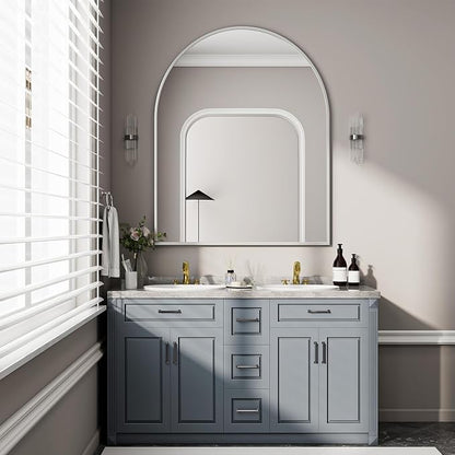 BEAUTYPEAK 36"x48" Arch Bathroom Wall Mirror, Silver | Wall Mounted Vanity Metal Frame Mirror for Bedroom, Entryway, Living Room, Fireplace