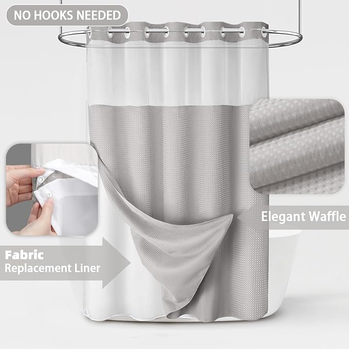 No Hook Shower Curtain with Liner Set Hotel Waffle Light Grey 78W X 75L | Washable Snap in Fabric Liner, Mesh Top Window, Waffle Hotel Style Shower Curtain Set
