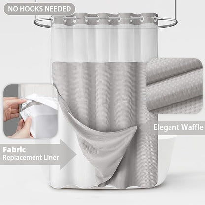No Hook Shower Curtain with Liner Set Hotel Waffle Light Grey 78W X 75L | Washable Snap in Fabric Liner, Mesh Top Window, Waffle Hotel Style Shower Curtain Set