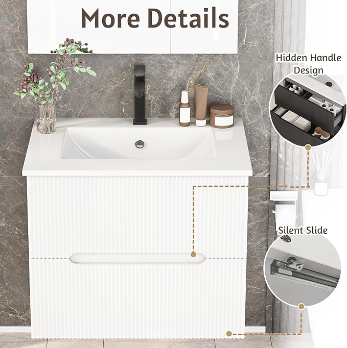 EROMMY 24 Inch Bathroom Vanity with Sink, Floating Bathroom Vanity with Ceramic Basin, Wall Mounted Bathroom Sink Cabinet Set with Soft-Close 2 Drawers, Faucet & Pop Up Drain, White
