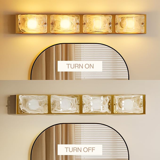 Tribesigns 4-Light Vanity Fixtures, Curved Cloud Glass Lampshades Gold Copper Plate, Modern Bathroom Wall Lighting Fixtures Over Mirror, 3CCT LED Vanity Lights (29-Inch, 3000K/4000K/5000K, Dimmable)