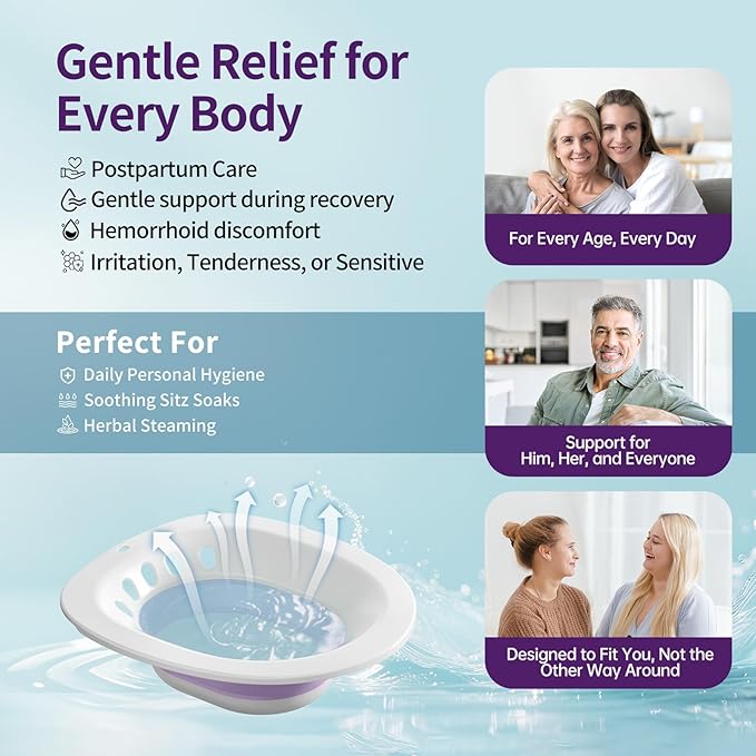 RUGUO Sitz Bath for Toilet Seat - Yoni Steam Seat - Sitz Bath for Hemorrhoids and Postpartum Care - Portable Bidet BPA Free - Foldable Basin for Epsom Salt Soak - Purple