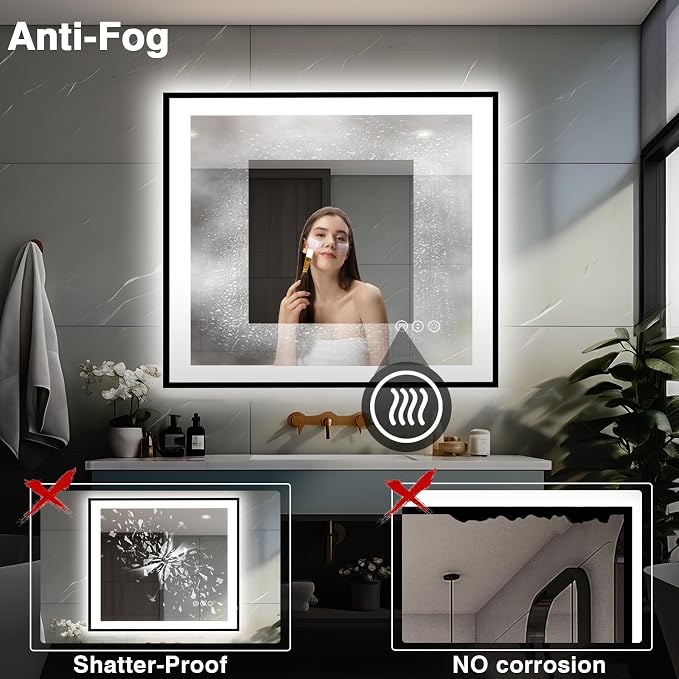 EchosLife 40x38 Lighted Mirrors for Bathroom Wall - Black Aluminum Framed | Black Frame, Front and Backlit, Anti-Fog, Stepless Dimmable, 3 Colors, Memory, Tempered Glass, UL Listed, Horizontal/Vertical