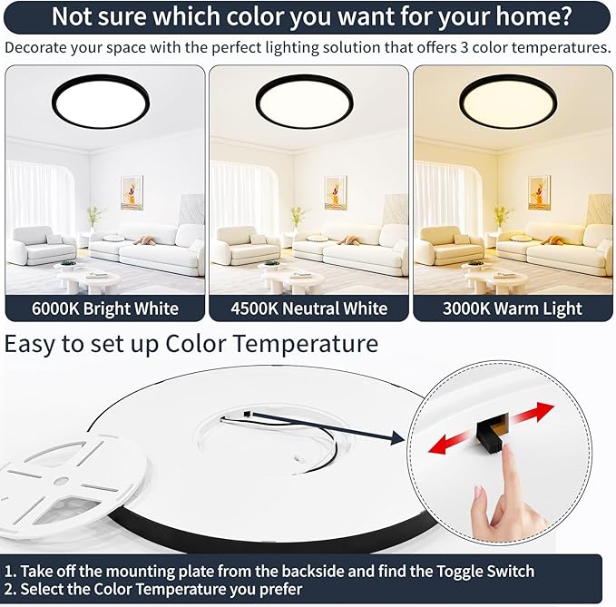 20 Inch Flush Mount Ceiling Light, 40W Dimmable LED Fixture 4000LM, 3000K/4500K/6000K Adjustable, Round Ceiling Lamp for Bedroom, Kitchen, Living Room, Dining Room, Bathroom, Black
