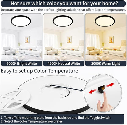 16 Inch Flush Mount Ceiling Light, 28W Dimmable LED Fixture 2800LM, 3000K/4500K/6000K Adjustable, Round Ceiling Lamp for Bedroom, Kitchen, Living Room, Dining Room, Bathroom, Black