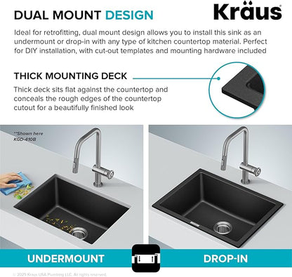 KRAUS Quarza 24-inch Granite Drop-In/Undermount Single Bowl White Kitchen Sink, KGD-410BWHITE