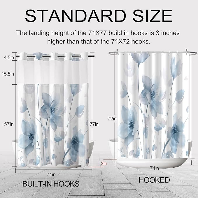 No Hook Shower Curtain and Liner Set, Blue Boho Floral 71x77 | Watercolor Boho Flower, with Snap in Liner, Waterproof, Machine Washable, Quick-Drying, for Hotel Bathroom