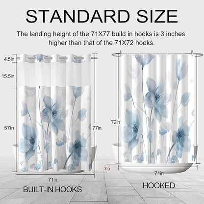 No Hook Shower Curtain and Liner Set, Blue Boho Floral 71x77 | Watercolor Boho Flower, with Snap in Liner, Waterproof, Machine Washable, Quick-Drying, for Hotel Bathroom
