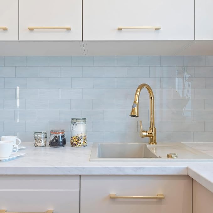2026 New Upgrade Peel and Stick Backsplash Tile, Peel and Stick 11.34" X 11.57" Wall Tile for Kitchen, Bathroom, Fireplace, Laundry (Polished Marble White Blue, 5 Packs)