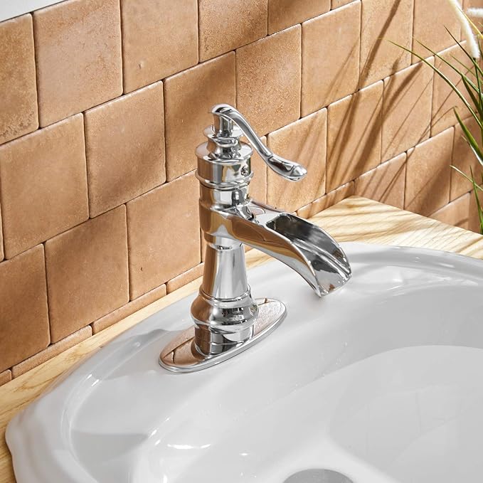 Waterfall Bathroom Sink Faucet Polished Chrome Farmhouse | Single-Handle, Single Hole Deck Mount, Includes Pop Up Drain with Overflow, Silver, Fingerprint Shedding Smooth Surface
