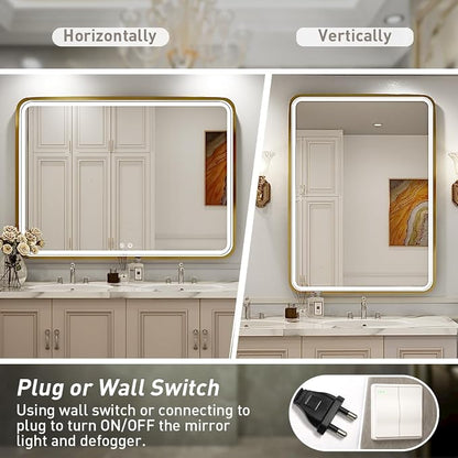 40x30 Inch Gold Frame LED Bathroom Mirror,ETL Listed | Anti-Fog,3 Color 3000K/4500K/6000K Dimmable,Horizontal & Vertical,Wall Mounted,Memory Function