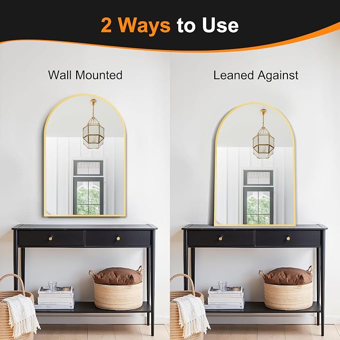 Arched Bathroom Mirror, 24"x36", Gold | Wall Mounted, Vanity Mirror, For Bedroom, Living Room and Entryway