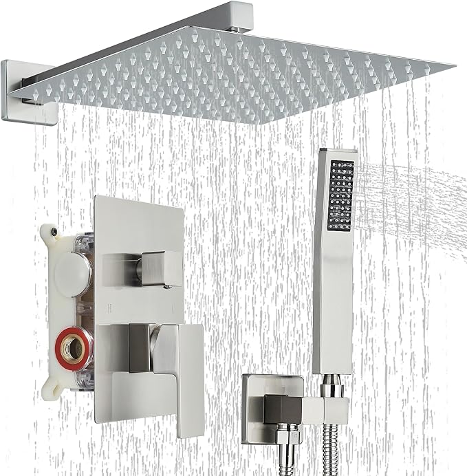 Shower Faucet Set Brushed Nickel Shower System with 12 Inches Rain Shower Head and Handheld Sprayer Wall Mounted Shower Fixture Set with Brass Shower Valve
