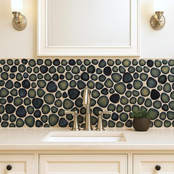 Pebble Stone Tile for Shower Floor Bathroom Backsplash Accent Wall Gradient Brown Teal Pebble Tiles (5 Sq.Ft)