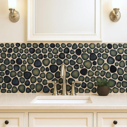 Pebble Stone Tile for Shower Floor Bathroom Backsplash Accent Wall Gradient Brown Teal Pebble Tiles (5 Sq.Ft)