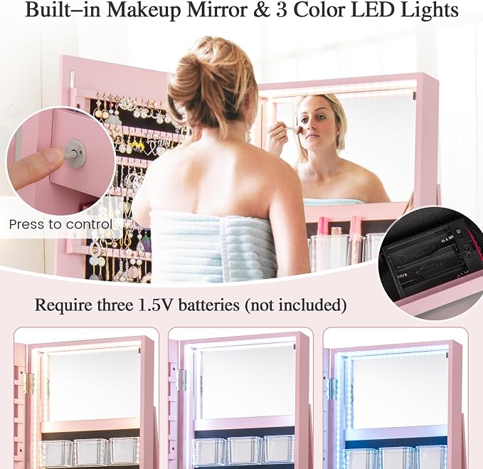 MAT EXPERT 360° Rotating Jewelry Armoire, Lockable Freestanding Jewelry Organizer w/Full-length Mirror, 3-Color LED Lights, Rear Storage Shelves, Mirror Jewelry Cabinet for Bedroom (Pink)