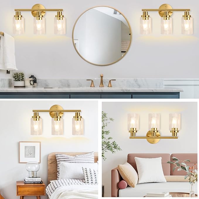 Bathroom Light Fixtures Gold Vanity Light 3 Light Wall Sconces Lighting Brushed Brass Lights with Clear Glass Shades Bath Wall Lamp for Mirror Kitchen