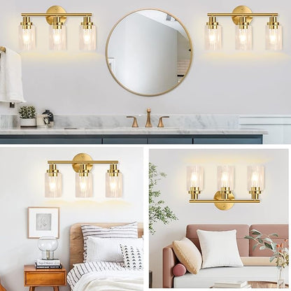 Bathroom Light Fixtures Gold Vanity Light 3 Light Wall Sconces Lighting Brushed Brass Lights with Clear Glass Shades Bath Wall Lamp for Mirror Kitchen