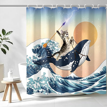 Aimego Funny Shower Curtain Brave Cat Holding Trident Riding Whale in Ocean Wave, Shark Cat Shower Curtain Set with 12 Hooks for Bathroom Decor Accessories Bathtub Curtain, 72"x72"