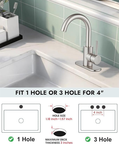 Midanya Single Hole Bathroom Faucet 1 Hole Bar Sink Faucet Suitable for Kitchen RV Vanity,304 Stainless Steel 360° Swivel Spout with Deck Plate and Pop-up Drain,Brushed Nickel