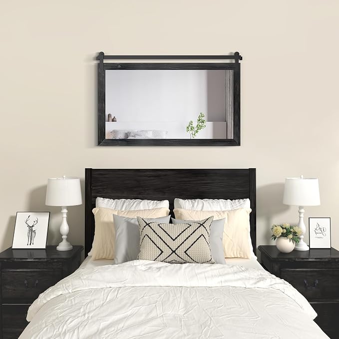 COGOOD Farmhouse Bathroom Mirrors for Over Sink - 30 x 49 Black | Rustic Barn Door Wood Framed Vanity Mirror for Entryway, Living Room, Bedroom, Dresser Wall Decor