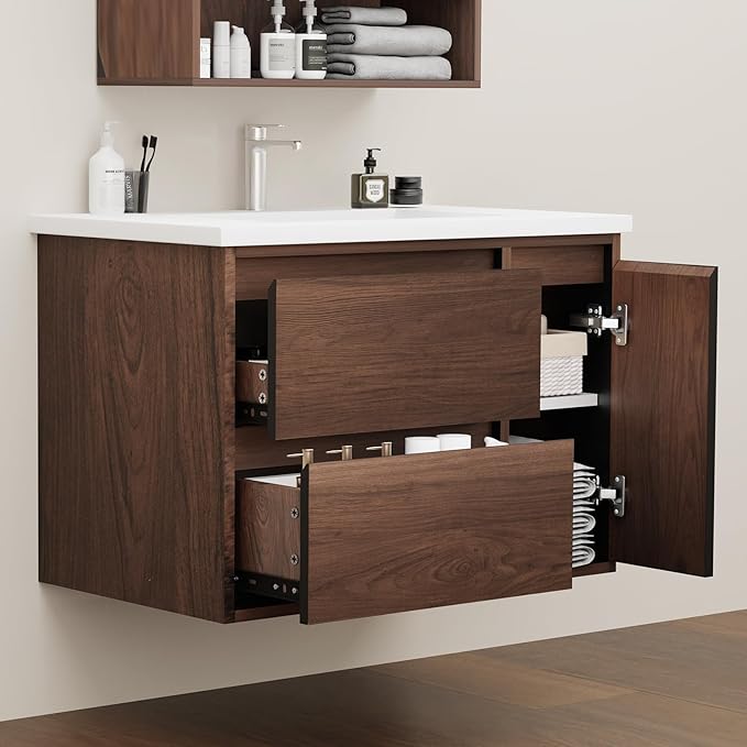 30 Inch Floating Bathroom Vanity Cabinet Only, Wall Mounted Storage Cabinet, Luxury Bathroom Organizer – Walnut Finish, with 2 Drawers & Door Storage Compartment, Easy Assembly