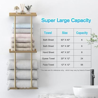 Liuoud Towel Rack for Bathroom, Wall Mounted Vertical Rolled Towel Storage Organizer Holder with Shelf, Holds Up 6 Large Bath Sheets, Gold Large Size