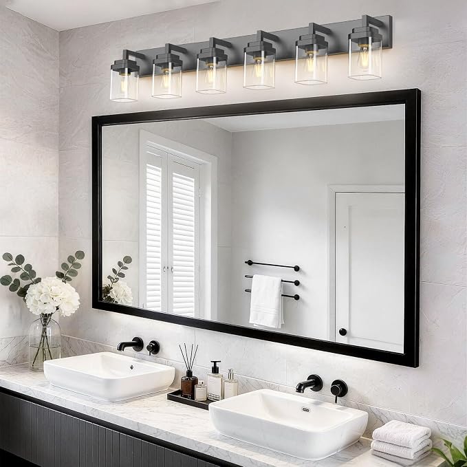 Matte Black Bathroom Light Fixtures, Modern Vanity Lights with Clear Glass Lamp Shade, Bathroom Lighting Fixtures Over Mirror, Restroom Vanity Lighting Fixture, 6-Light 46 Inch