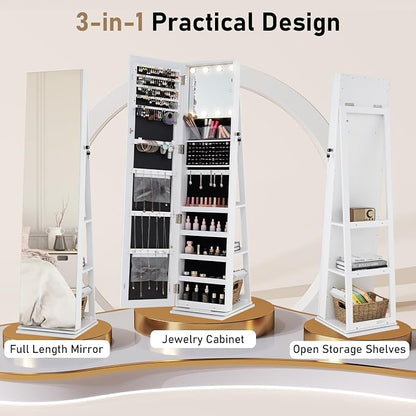 CHARMAID Swivel Jewelry Armoire with Full-Length Mirror & Lighted Makeup Mirror, 360° Rotating Jewelry Cabinet Organizer for Earrings, Rings, Necklaces, Bracelets, Back Storage Shelves (White)