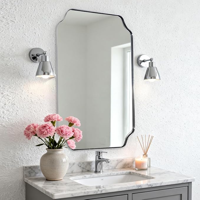 Chrome Scalloped Mirror, 24x40 Inch Polished Silver Rectangle Mirror, Modern Bathroom Vanity Mirror with Rust-Proof Stainless Steel 1" Frame, Hangs Vertically/Horizontally