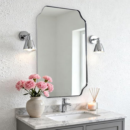 Chrome Scalloped Mirror, 24x40 Inch Polished Silver Rectangle Mirror, Modern Bathroom Vanity Mirror with Rust-Proof Stainless Steel 1" Frame, Hangs Vertically/Horizontally