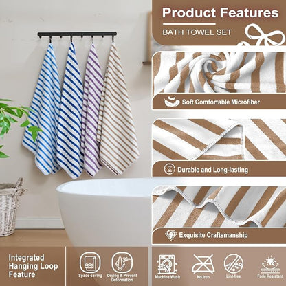 JML Microfiber Beach Towels Set, 6 Pack, 27" x 55", Cabana Stripe Coffee | Hanging Loop, Soft, Absorbent, Quick Dry, Lint-free, No Fading, For Swimming Pool Party
