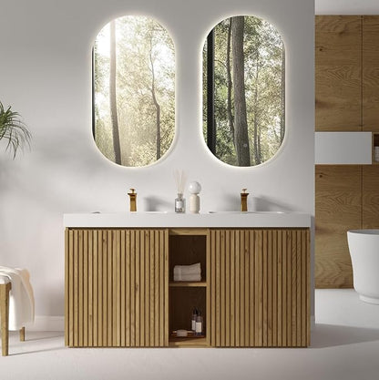 60" Bathroom Vanity with Double Sink, Freestanding Double Sink Bathroom Vanity with White Engineered Stone Top, Open Storage Cabinet & Adjustable Shelf, 4 Soft-Closing Doors, Light Oak