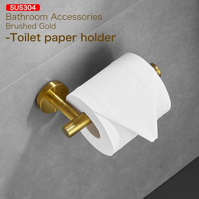 Bathroom Hardware Set, Brushed Gold, 24in, 4-Piece | Stainless Steel, Wall-Mounted, Towel Bar, Toilet Paper Holder, Towel Ring, Towel Hooks, Adjustable