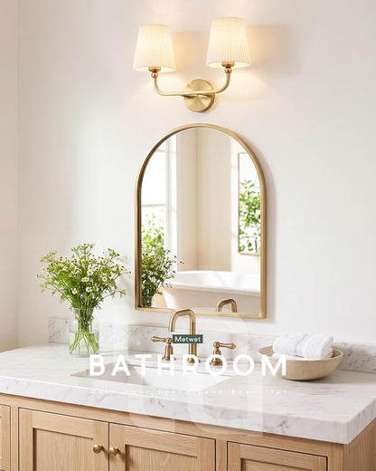 2-Light Gold Bathroom Vanity Light, Beige Pleated Fabric Shade | 17" 2-light gold double wall sconce with beige pleated fabric shades, E26 bulbs, hardwired, upward only, VL837-BG-Z-B-2