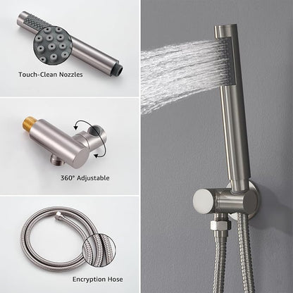 Iriber Brushed Nickel Round Rain Shower System with 4 PCS Body Jets 3 Function Shower Faucet Set Contain 12 Inch Shower Head and Handheld Wall Mounted Pressure Balance Shower Trim Kit (Valve Included)