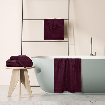 Ultra Soft 6 Pack Cotton Towel Set, Contains 2 Bath Towels 28x55 inch, 2 Hand Towels 16x24 inch & 2 Wash Coths 12x12 inch, Ideal Everyday use, Compact & Lightweight - Burgundy
