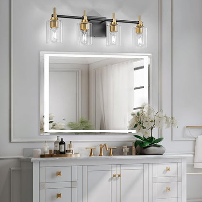 4-Light Modern Bathroom Vanity Light,Black and Gold Light Fixtures for Bathroom,Modern Wall Light Over Mirror with Glass E26 Socket (Bulbs Not Included)