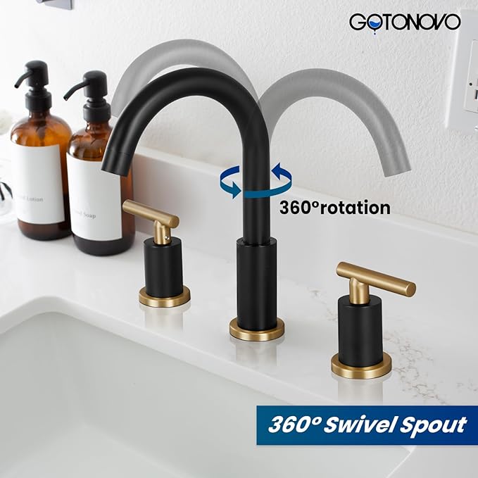 gotonovo 3 Hole 2 Handles Lavatory Basin Bathroom Sink Faucet with Pop Up Drain with Hot and Cold Mixer Valves 8 Inch Widespread Bathroom Faucet Black and Gold