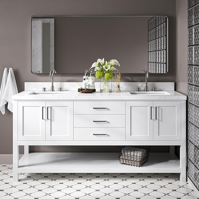 DKB Olivia 72-Inch White Double Bathroom Vanity, 1.5-Inch Carrara Quartz Countertop & Backsplash, Rectangular Undermount Sinks, 4 Soft Closing Doors, 3 Dovetail Drawers, Open Shelf, Brushed Nickel