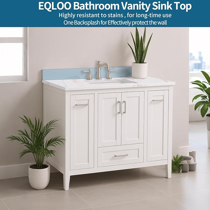 42x22 Vanity Top with Sink, Golden Calacatta Quartz Countertop with Middle Undermount Sink & Backsplash,8in. Faucet Hole Spacing Bathroom Vanity Sink Top