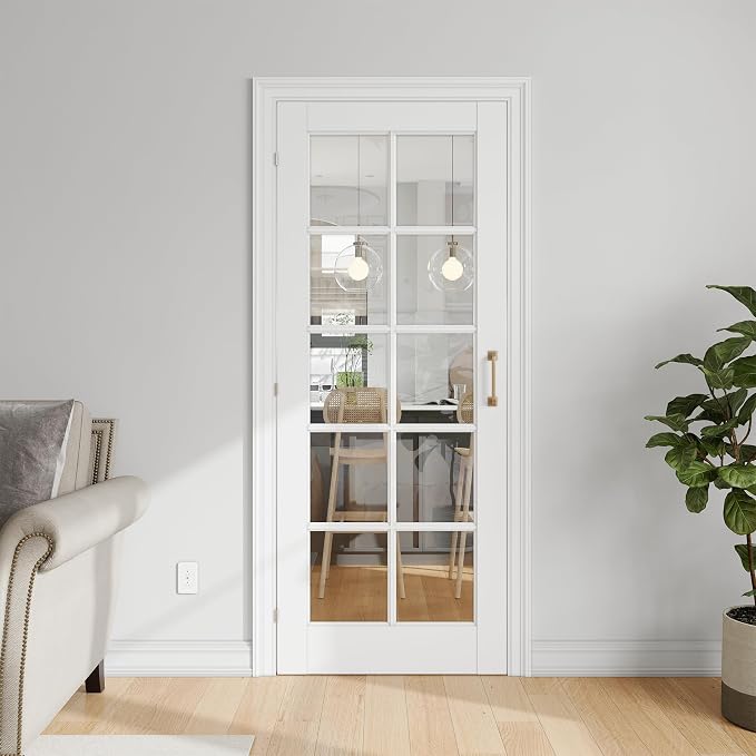SMARTSTANDARD 28" x 80" Clear Glass French Interior Solid Core Door Slab | 10-Lite Glass Pantry Door for Bathroom Laundry Pocket, Pre-Assembled Panel without Hardware, White Primed