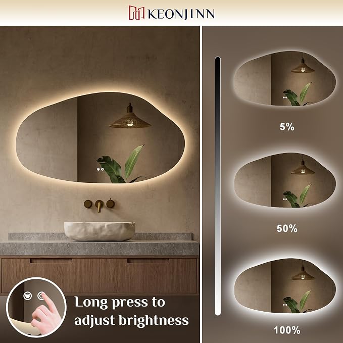 Keonjinn Irregular LED Mirror for Bathroom 55 x 30 Inch, Tempered Glass | Asymmetrical Backlit Bathroom Mirror, Stepless Dimmable with 3 Colors, Fast Defogging, Memory Function, Plug-in/Hardwired